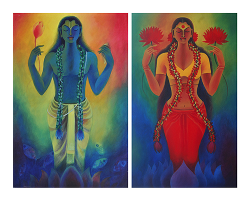 MR0038 
Lakshmi - Vishnu 
Acrylic on Canvas 
48 x 32 inches (each) 
Available